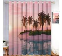 Tropical Island Sunset Blackout Curtains for Girls Bedroom Pink Thermal Insulated Drapes 90"x90" 2 Panels Stylish Printed Ring Top Window Treatments