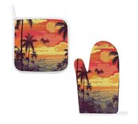 Tropical Island Sunset Oven Mitts & Pot Holders Set - 2 Pcs Heat Resistant Oven Gloves with Hanging Loop, Kitchen Potholder for Cooking, Baking, BBQ, Microwave