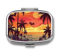 Tropical Island Sunset Pill Box 2 Compartment - Small Metal Medicine Organizer Portable Pill Case for Purse Pocket Travel Vitamin Organizer for Men Women, BPA-Free