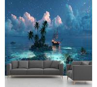 Tropical Island Wallpaper, Palm Trees Sailboat Starry Sky Cloud Seascape Mural, Panoramic Wall Mural for Bedroom Living Room Hallway Restaurant Home Decoration - 250x175 cm Wall Paper