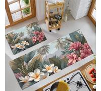 Tropical Jungle Kitchen Carpet Runners Non-Slip Rugs - Frangipani Palm Leaves Kitchen Mats 2 Piece Absorbent Soft Low Pile Area Floor Rug for Laundry Room Bedroom Entrance, 50x80cm+50x120cm
