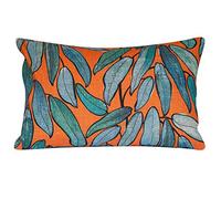 Tropical Jungle Leaves Extra-Large Rectangular Cushion Cover. Linen Blend All Natural Fabric. 23x15". Exotic Petrol/Teal Blue, Jade Green, Tango Orange. Cover Only.