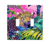 Tropical Jungle Leopard Light Switch Cover Plate, Vibrant Palm Leaves for Wall Decor, Colorful Animal Print Thermoplastic Wall Plates, Summer Safari Style Double Toggle