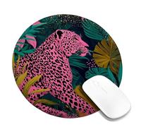 Tropical Jungle Leopard Mouse Pad, Peach Leopard with Green Leaves Stitched Edge Mousepad, Rubber Non-Slip Washable Gaming Mouse Pad for Home and Office Computer, Laptop Round 8x8 Inch
