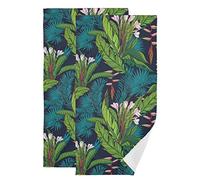 Tropical Jungle Palm Tree Leaves with Flowers on Dark Blue 2 Pieces Face Towel, Highly Absorbent Cotton Dish Hand Towels, Soft Washcloth for Spa Bathroom Hotel Kitchen Beach Gym Yoga