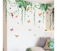 Tropical Jungle Parrot Butterfly Leaves Wall Decals, Palm Leaf Hanging Vines Green Plants Wall Stickers, Living Room Bedroom Tv Background Wall Decor