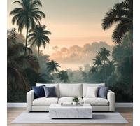 Tropical Jungle Photo Mural Wallpaper 350W x 256H cm, Aesthetic Romantic Island Sunset Palm Tree Waterproof Wallpaper Mural - Panoramic Peach Pink Wall Art for Bedroom Nursery Fireplace Living Room