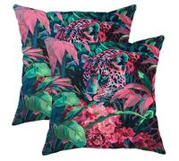 Tropical Jungle Pillow Covers Set of 2, Vibrant Green and Peach Leopard Throw Pillow Cases, Bohemian Outdoor Decorative Cushion Covers for Home Sofa Bed Couch 16x16 Inch