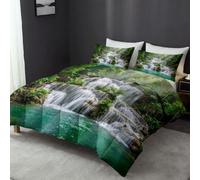Tropical Jungle River 3-Piece Coverless Duvet Single 7.5 Tog | Machine Washable Hypoallergenic, Nature Landscape Waterfall Breathable Quilt With 2 Pillowcases 50x75 cm, Green