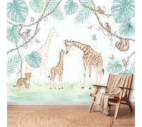 Tropical Jungle Wallpaper, 400 x 280 cm Wall Mural Giraffe Monkey Leopard Leaves Photo Wallpaper, Non-Woven Print Wall Paper for Living Room Bedroom Art Decor, Renter Friendly