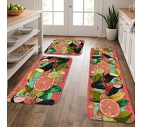 Tropical Kitchen Mats for Floor, Colorful Birds and Citrus Fruits Soft Mats, Cushioned Comfort Washable Non Slip Decor Rugs for Kitchen Sinks Laundryroom Bathroom 3Pcs