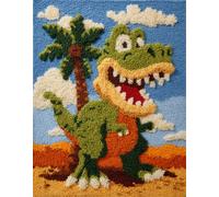 Tropical Landscape DIY Craft Latch Hook Rug Kits,Little Green Dinosaur on The Beach,Printed Carpet Crochet Yarn Kits,Handcraft Cushion Crocheting Hook Home Decoration for Family Friends,55x75cm