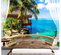 Tropical Landscape Photo Wallpaper 99"x69" Coconut Tree 3D Effect Panoramic Wall Murals Non-Woven Wall Paper for Bedroom Living Room TV Backdrop,Easy to Install W-182