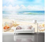 Tropical Landscape Wall Mural Photo Wallpaper, Premium 260g/㎡ Non-Woven Shells Starfish Mural Wallpaper for Living Room Bedroom Office, Sand Coast Large Wall Art Poster (Non-Adhesive) 250 x 175 cm