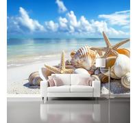 Tropical Landscape Wall Mural Photo Wallpaper, Premium 260g/㎡ Non-Woven Shells Starfish Mural Wallpaper for Living Room Bedroom Office, Sea Sky Large Wall Art Poster (Non-Adhesive) 250 x 175 cm
