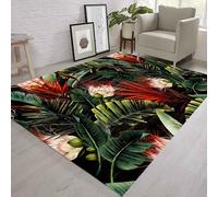 Tropical Leaf Area Rug, 120x180cm, Green Palm Leaf Banana Leaf White and Red Floral Beautiful Plant Rug Water Resistant, Non-Slip, Low Pile, Machine Made, Home Office, Bedroom, Living Room, Sofa