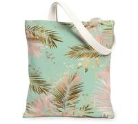 Tropical Leaf Canvas Tote Bags, Floral Palm Pattern Reusable Bags, Summer Vintage Chic Lightweight Washable Canvas for Travel Beach Picnic 13x15 Inch