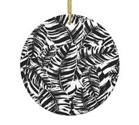 Tropical Leaf Christmas Round Ceramic Ornament Decor,Double-Sided Printed Bauble With Gold String,Unique Dual-Face Design For Xmas Tree Home