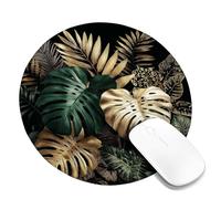 Tropical Leaf Mouse Pad, Gold Green Monstera and Palm Leaves Design, Elegant Non-Slip Gaming Mousepad for Home Office, Stylish Decoration for Computer and Laptop Round 8x8 Inch