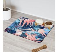 Tropical Leaf Print Absorbent Dog Food Mat with Non-Slip Backing, 24 x 32 inch Feeding Mat for Puppy Cat Bowls, Spill-Proof Pet Diner Placemat for Kitchen Floors
