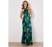 Tropical Leaf Satin Maxi Dress Apricot Navy 12