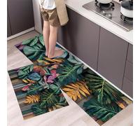 Tropical Leaves And Wooden Planks Kitchen Rugs Sets Non Slip Washable Kitchen Mats Anti Fatigue Comfort Bohemian Style Floor Mats for Laundry, Hallways, Sink 43x75cm+43x120cm Green