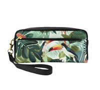 Tropical Leaves Bird Printed Makeup Bag for Women Travel PU Leather Cosmetic Bag with Wristlet Toiletry Bag