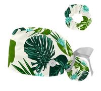 Tropical Leaves Bouffant Cap with Sweatband for Women & Men, Soft Surgical Scrub Hats, Ponytail Pouch Working Caps
