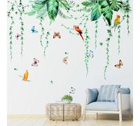 Tropical Leaves Butterfly Wall Decals, Palm Leaf Hanging Vines Green Plants Birds Wall Stickers for Bedroom Living Room Office Sofa TV Background Wall Decor