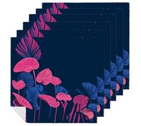 Tropical Leaves Dark Blue And Pink Cloth Napkins Set of 6, Square Premium Reusable Washable Polyester Table Linen Napkin for Dinner Party
