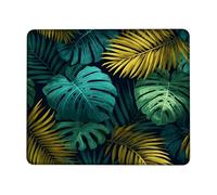 Tropical Leaves Desk Mouse Pad, Blue Green Botanical Stitched Edge Mousepad, Rubber Non-Slip Washable Gaming Mouse Pad for Home and Office Computer, Laptop Square 8x10 Inch