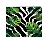 Tropical Leaves Desk Mouse Pad, Green Monstera Plants on Black Stripe Background, Non-Slip Washable Gaming Mousepad for Home and Office Use Square 8x10 Inch