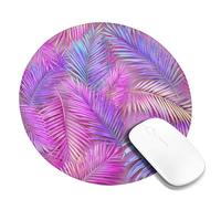 Tropical Leaves Desk Mouse Pad, Peach Violet Palm Pattern Stitched Edge Mousepad, Rubber Non-Slip Washable Gaming Mouse Pad for Home and Office Computer, Laptop Round 8x8 Inch