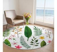Tropical Leaves Floral Round Area Rug 160 cm, Flannel Low-Pile Soft Corridor Floor Mat, Machine Washable Non-Slip Watercolor Circle Rug for Teenager Bedroom, Nursery Decor, Green