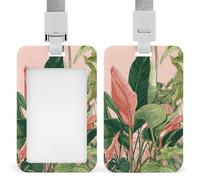 Tropical Leaves Green and Pink ID Badge Holder Retractable Clip Card Holder Card Protector Name Badge Name Tag for Work Office Doctor Nurse