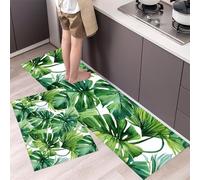 Tropical Leaves Kitchen Rug Set, 2 Pieces Non Slip and Anti Fatigue Watercolor Plants Kitchen Mat Set, Washable Floor Mat, Green Standing Mats for Hallway Bedroom Entrance 40x60cm+40x120cm