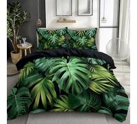 Tropical Leaves Monstera And Palm Leaves Duvet Cover Set, Reversible Blue Black Printed Bedding for Teens Adults - Soft Microfiber Quilt Cover with Zipper, Double Size (200 x 200 cm), 3 Pieces