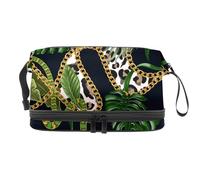 Tropical Leaves on Leopard with Chain Double Layer Cosmetic Bag for Women and Girls, Travel Toiletry Bag Makeup Handy Pouch Organiser Bag with Brush Compartment