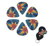 Tropical Leaves Pattern for Tribal Design Guitar Picks 6 Pack, 0.96mm Thickness Celluloid Bass Pick with Leather Guitar Pick Holder Keychain Abstract Art Pics Plectrum for Acoustic Electric Guitar