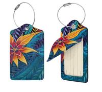 Tropical Leaves Pattern for Tribal Design Luggage Tag 4 PCS PU Leather Suitcase Tags Identifiers Travel Tags with Privacy Protection and Stainless Steel Loop Luggage Bag Tag for Women Men