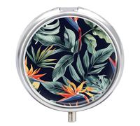Tropical Leaves Pattern Pill Box Case 3 Compartment Travel Medicine Pill Organizer 3X A Day Portable Vitamin Organizer with Mirror Small Pillbox for Purse & Pocket Cute Daily Medicine Container Metal
