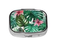 Tropical Leaves Pill Case 2 Compartment Pill Box Portable Metal Pill Organizer Cute Travel Pill Container Vitamin Organizer for Purse Pocket Travel Gift