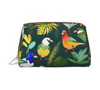 Tropical Leaves Print Leather Makeup Bag Small Travel Cosmetic Bag For Women,Cosmetic Organizer Makeup Pouch For Purse, Tropical Birds And Plant Leaf, One Size