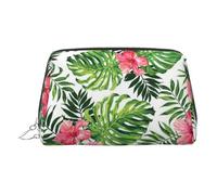 Tropical Leaves Print Makeup Bag, Cosmetic Bag,Women Pu Leather Cosmetic Bags with Wrist Strap Travel Toiletry Pouch Makeup Bag