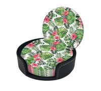Tropical Leaves Print Round Leather Coasters - Set Of 6, Ultra-Fiber Pu Leather