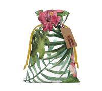 Tropical Leaves Printed Christmas Drawstring Bags with Yellow Christmas Ribbon - Reusable Burlap Drawstring Gift Pouches, S