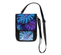 Tropical Leaves Purple Blue Travel Wallet Passport Holder Hidden Neck pouching Slim Lightweight Crossbody Bag with Adjustable Strap
