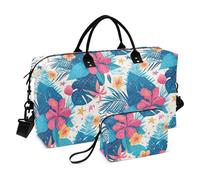 Tropical Leaves Red Hibiscus Flowers Starfish Hawaiian Decorative Travel Hand Bag Gym Tote Bag with Adjustable Strap for Airplane Traveling Foldable bolso para viajar