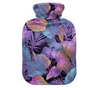 Tropical Leaves Vapor Wave Style Purple Blue hot-Water Bottle with Soft Cover, 2L Water Bags for Hot and Cold Therapies, Hot and Cold Therapies, bolsas de agua Caliente para Dolores