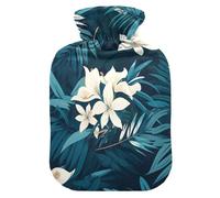 Tropical Leaves White Bloom hot Bottle Water Bag with Soft Cover, 2L hot compresses for The Body for Pain Relief, Pain Relief, bolsas para agua Caliente
